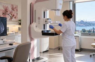 Медицинская сотрудница готовит маммографическое оборудование в клинике Стамбула