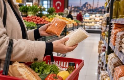 Инфляция в Турции: покупатель сравнивает продукты в супермаркете